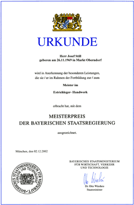 Urkunde | Meisterpreis der Bayerischen Staatsregierung